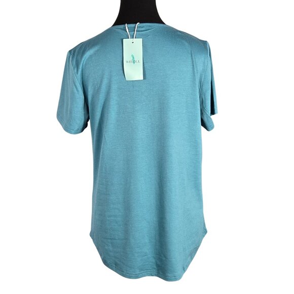 NWT | Blue Henley Short Sleeve Button Front Flowy Pleated Blouse Top | Medium - Picture 2 of 5
